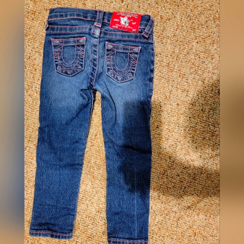 True Religion Stella Super T Dark Blue Jeans Pink Stitch SIZE 4